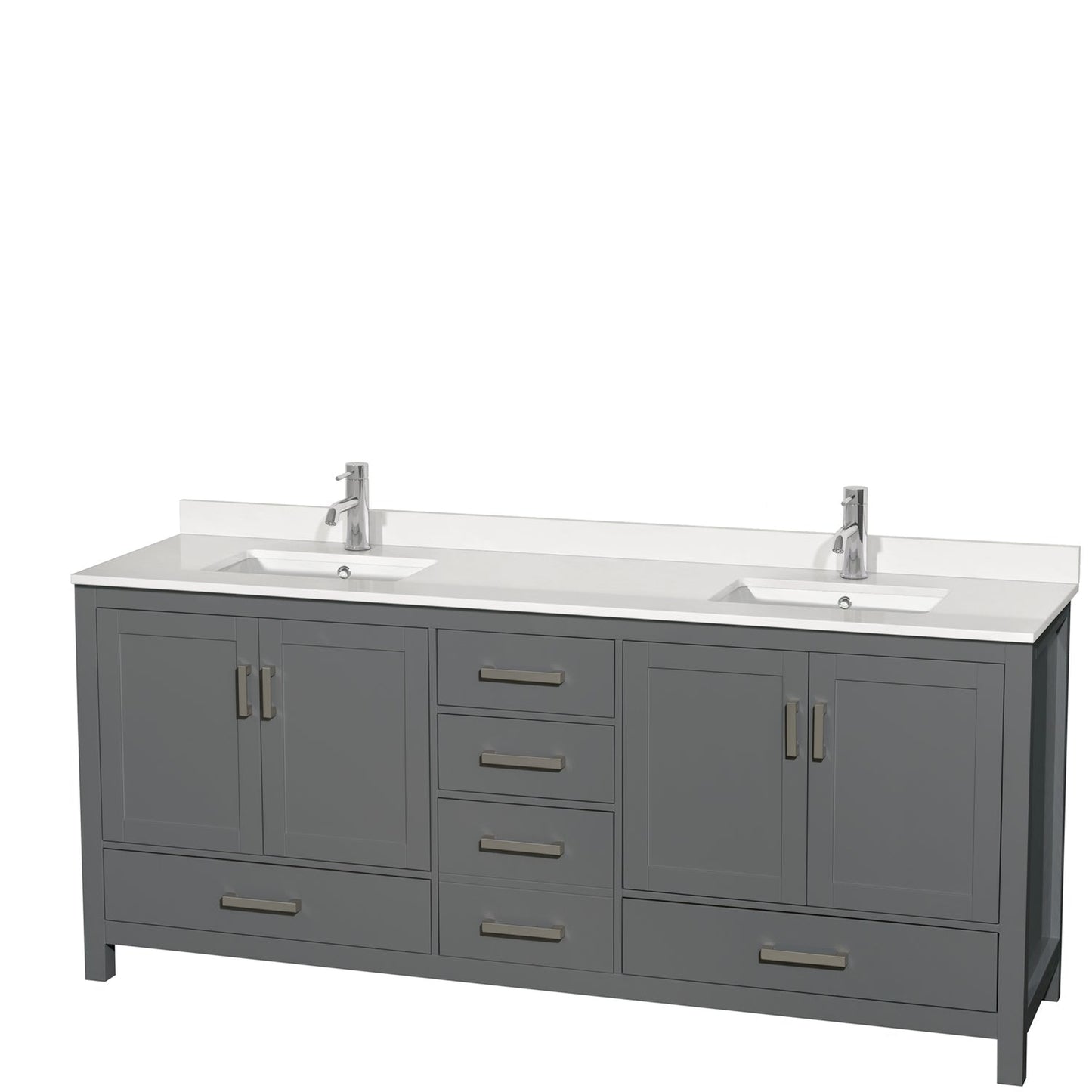 Wyndham Collection Sheffield 80" Double Bathroom Vanity in Dark Gray, White Quartz Countertop, Undermount Square Sinks, No Mirror