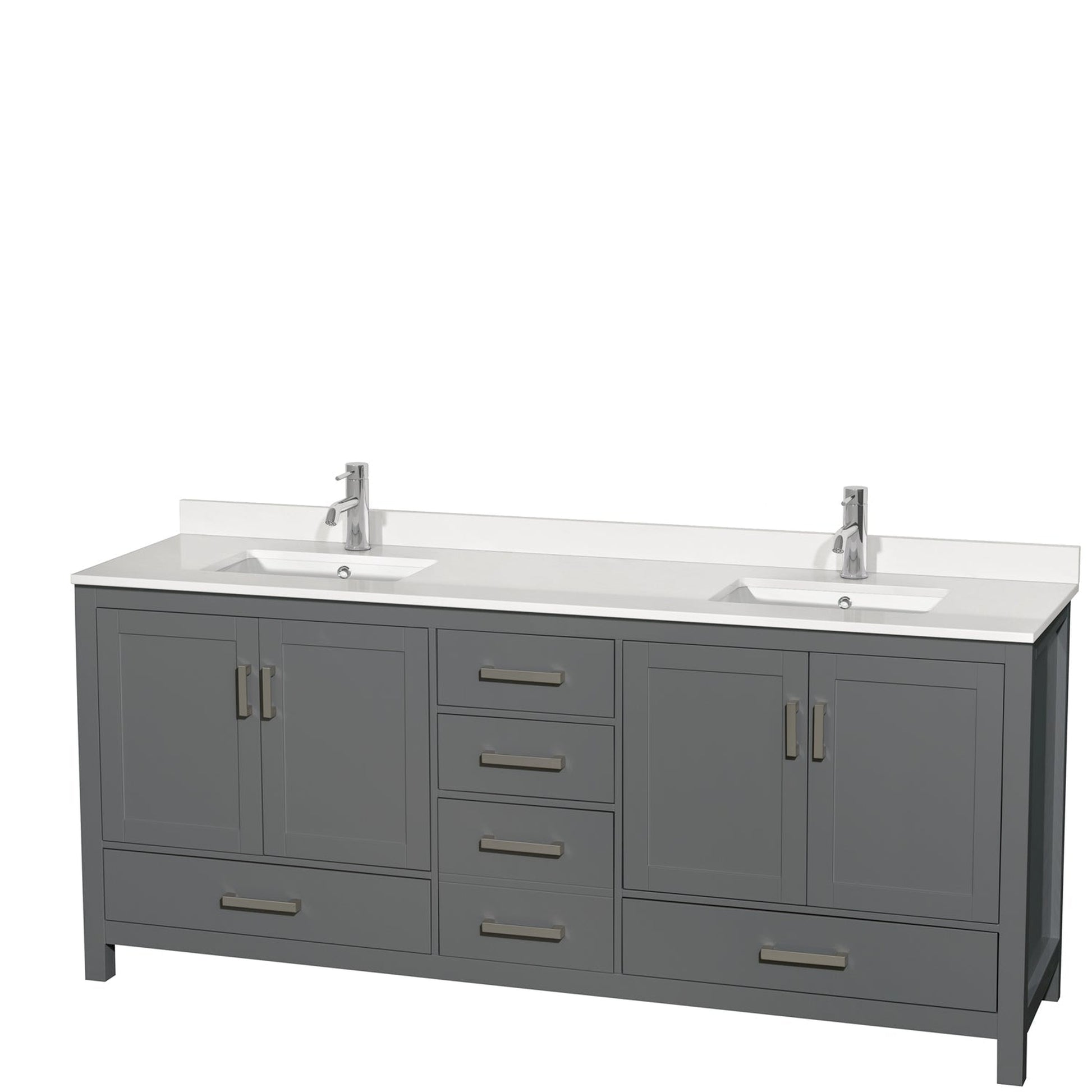 Wyndham Collection Sheffield 80" Double Bathroom Vanity in Dark Gray, White Quartz Countertop, Undermount Square Sinks, No Mirror