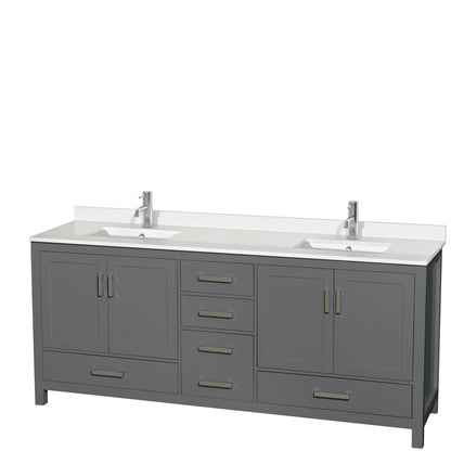 Wyndham Collection Sheffield 80" Double Bathroom Vanity in Dark Gray, White Quartz Countertop, Undermount Square Sinks, No Mirror