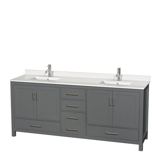 Wyndham Collection Sheffield 80" Double Bathroom Vanity in Dark Gray, White Quartz Countertop, Undermount Square Sinks, No Mirror