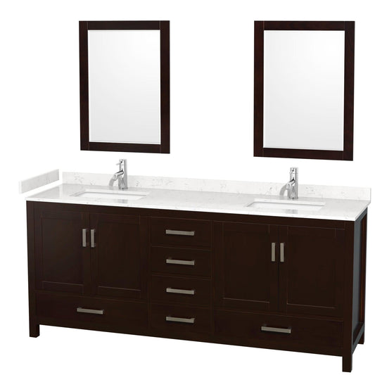 Wyndham Collection Sheffield 80" Double Bathroom Vanity in Espresso, Carrara Cultured Marble Countertop, Undermount Square Sinks, 24" Mirror