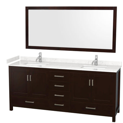 Wyndham Collection Sheffield 80" Double Bathroom Vanity in Espresso, Carrara Cultured Marble Countertop, Undermount Square Sinks, 70" Mirror