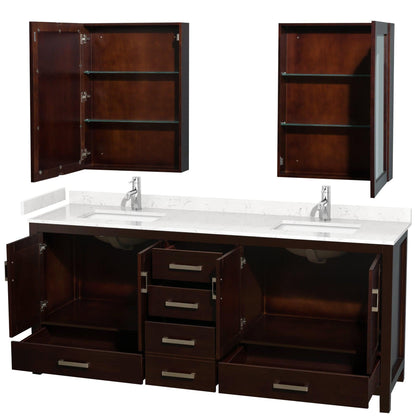 Wyndham Collection Sheffield 80" Double Bathroom Vanity in Espresso, Carrara Cultured Marble Countertop, Undermount Square Sinks, Medicine Cabinet