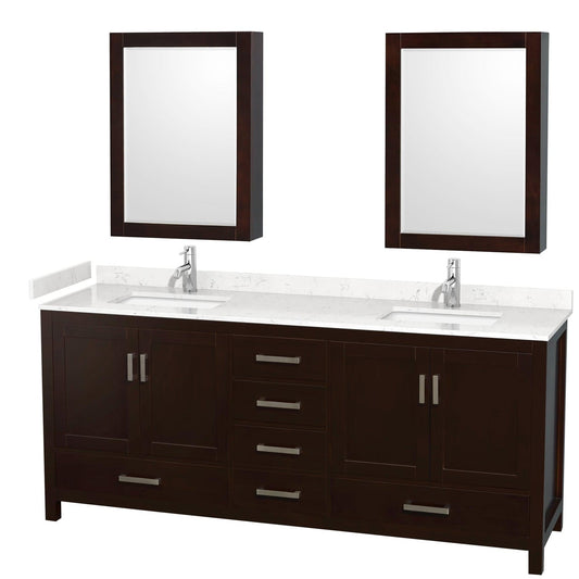 Wyndham Collection Sheffield 80" Double Bathroom Vanity in Espresso, Carrara Cultured Marble Countertop, Undermount Square Sinks, Medicine Cabinet