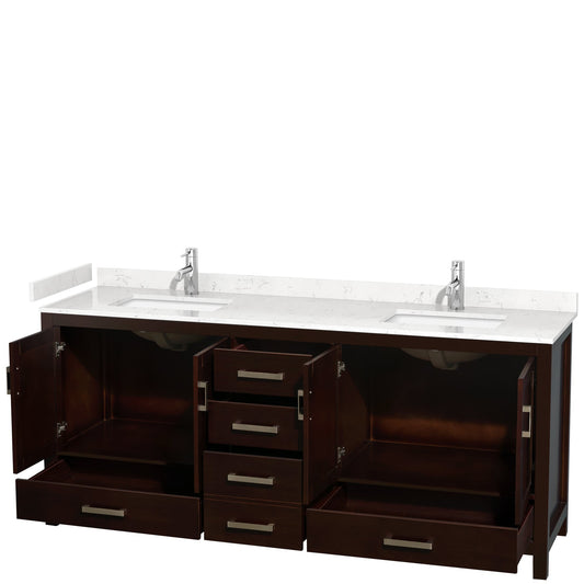 Wyndham Collection Sheffield 80" Double Bathroom Vanity in Espresso, Carrara Cultured Marble Countertop, Undermount Square Sinks, No Mirror