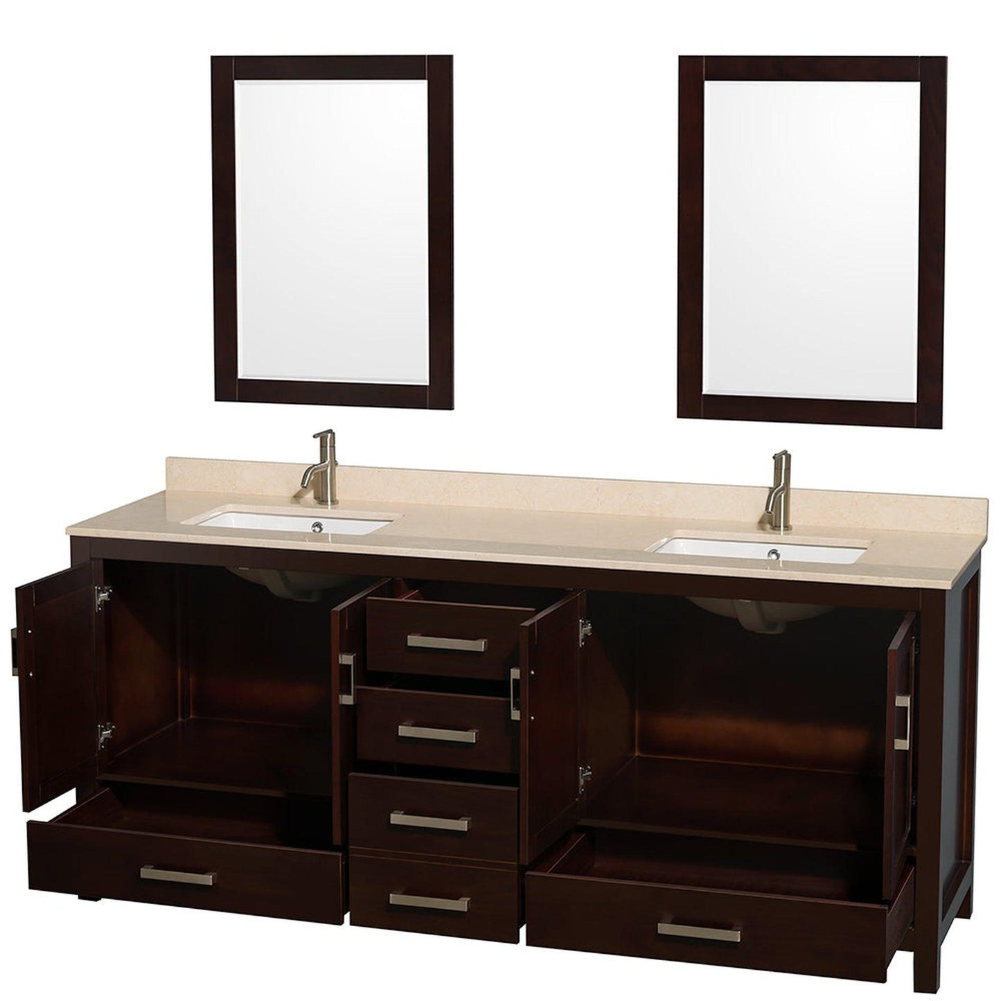 Wyndham Collection Sheffield 80" Double Bathroom Vanity in Espresso, Ivory Marble Countertop, Undermount Square Sinks, and 24" Mirror