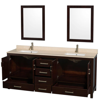 Wyndham Collection Sheffield 80" Double Bathroom Vanity in Espresso, Ivory Marble Countertop, Undermount Square Sinks, and 24" Mirror