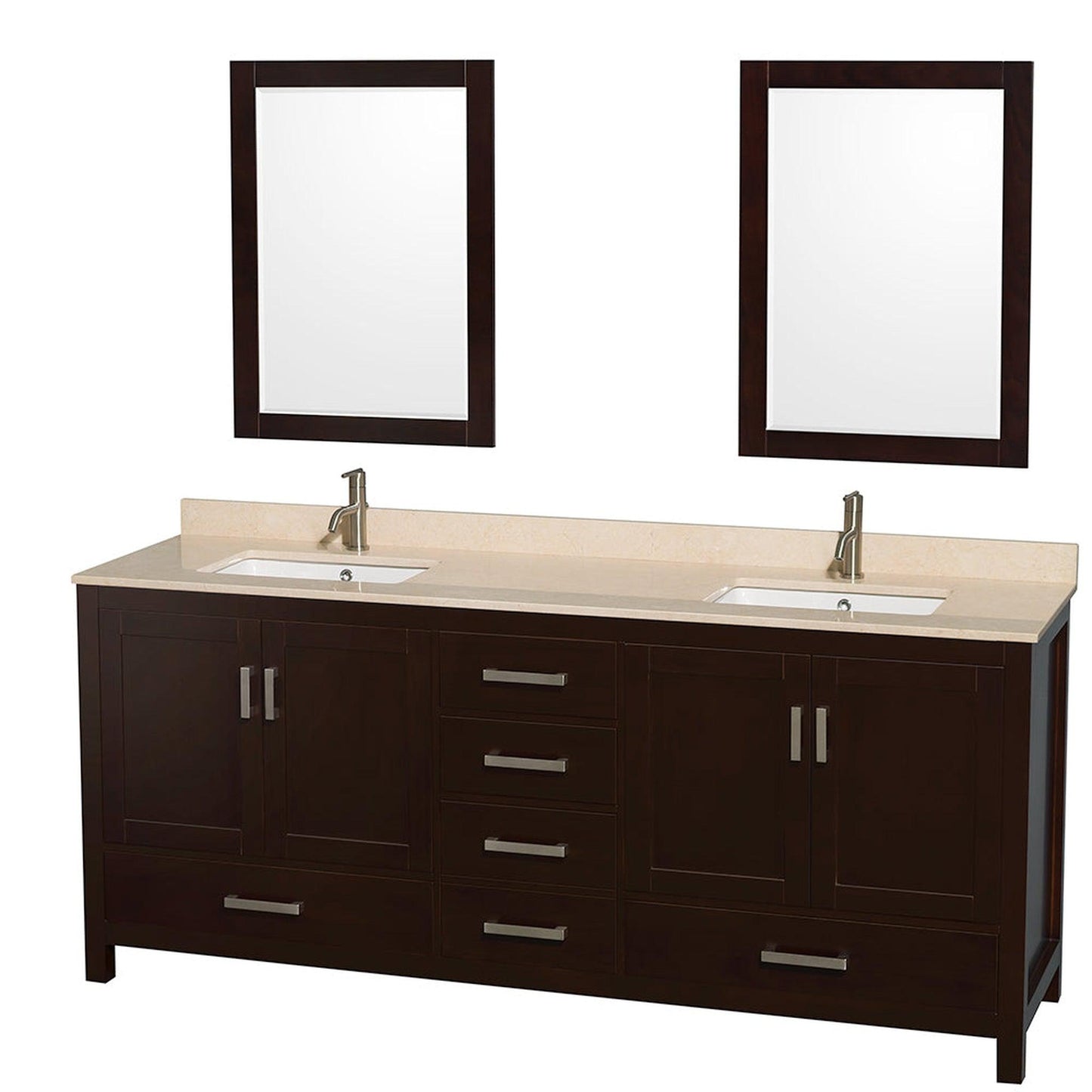 Wyndham Collection Sheffield 80" Double Bathroom Vanity in Espresso, Ivory Marble Countertop, Undermount Square Sinks, and 24" Mirror