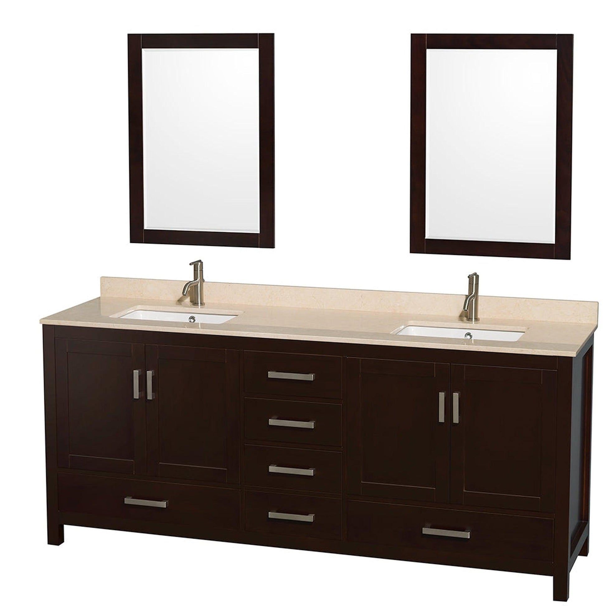 Wyndham Collection Sheffield 80" Double Bathroom Vanity in Espresso, Ivory Marble Countertop, Undermount Square Sinks, and 24" Mirror