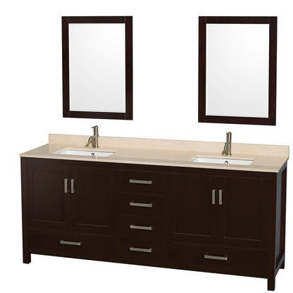 Wyndham Collection Sheffield 80" Double Bathroom Vanity in Espresso, Ivory Marble Countertop, Undermount Square Sinks, and 24" Mirror