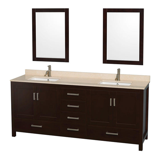 Wyndham Collection Sheffield 80" Double Bathroom Vanity in Espresso, Ivory Marble Countertop, Undermount Square Sinks, and 24" Mirror