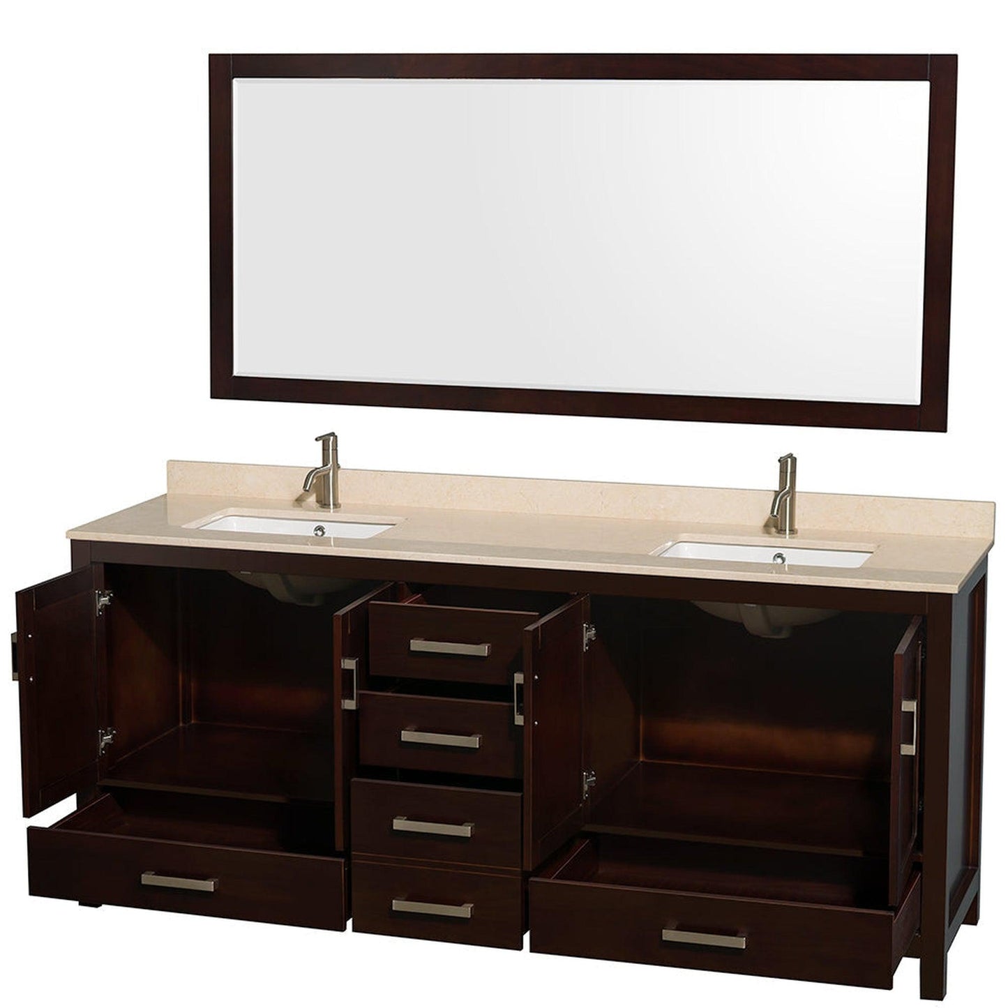 Wyndham Collection Sheffield 80" Double Bathroom Vanity in Espresso, Ivory Marble Countertop, Undermount Square Sinks, and 70" Mirror