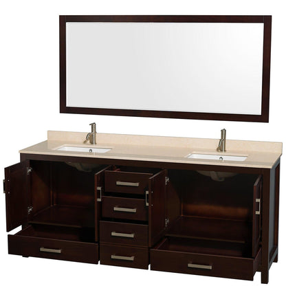 Wyndham Collection Sheffield 80" Double Bathroom Vanity in Espresso, Ivory Marble Countertop, Undermount Square Sinks, and 70" Mirror