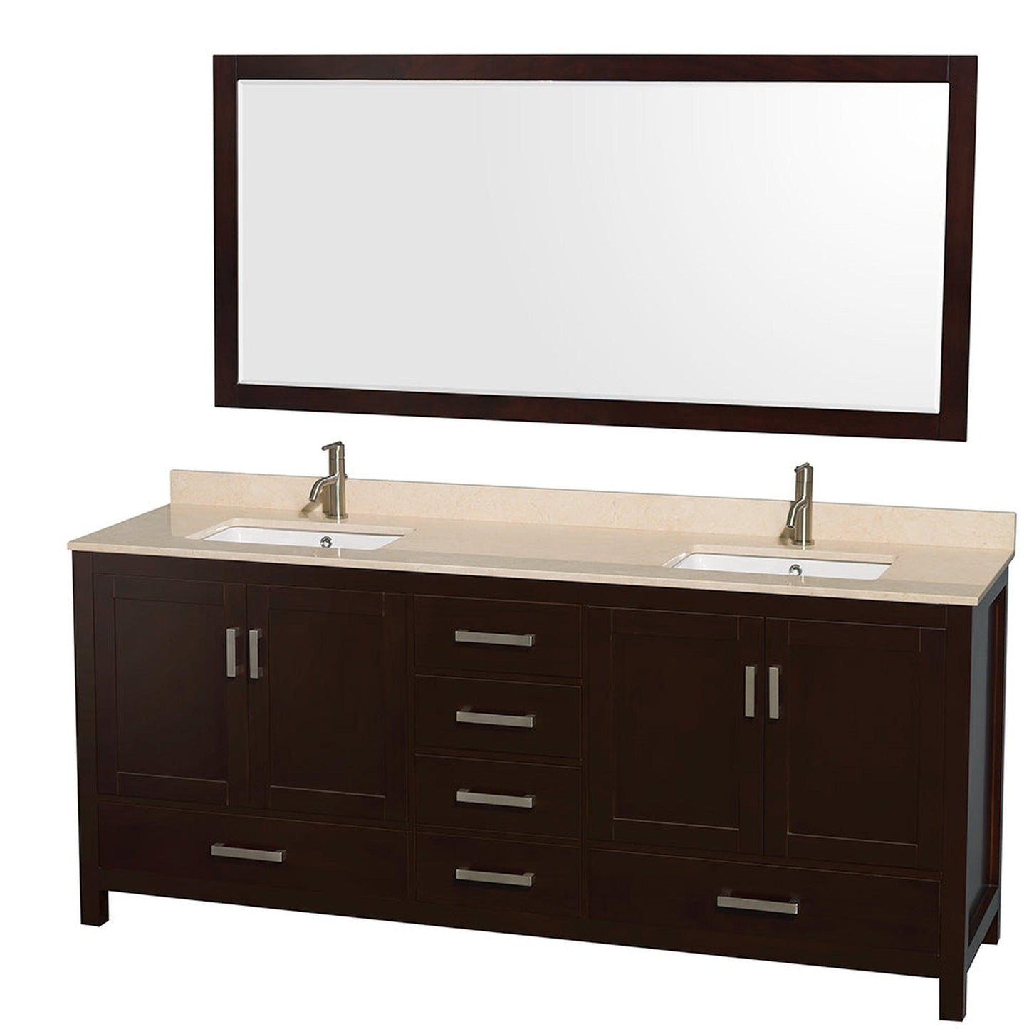 Wyndham Collection Sheffield 80" Double Bathroom Vanity in Espresso, Ivory Marble Countertop, Undermount Square Sinks, and 70" Mirror