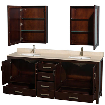 Wyndham Collection Sheffield 80" Double Bathroom Vanity in Espresso, Ivory Marble Countertop, Undermount Square Sinks, and Medicine Cabinet