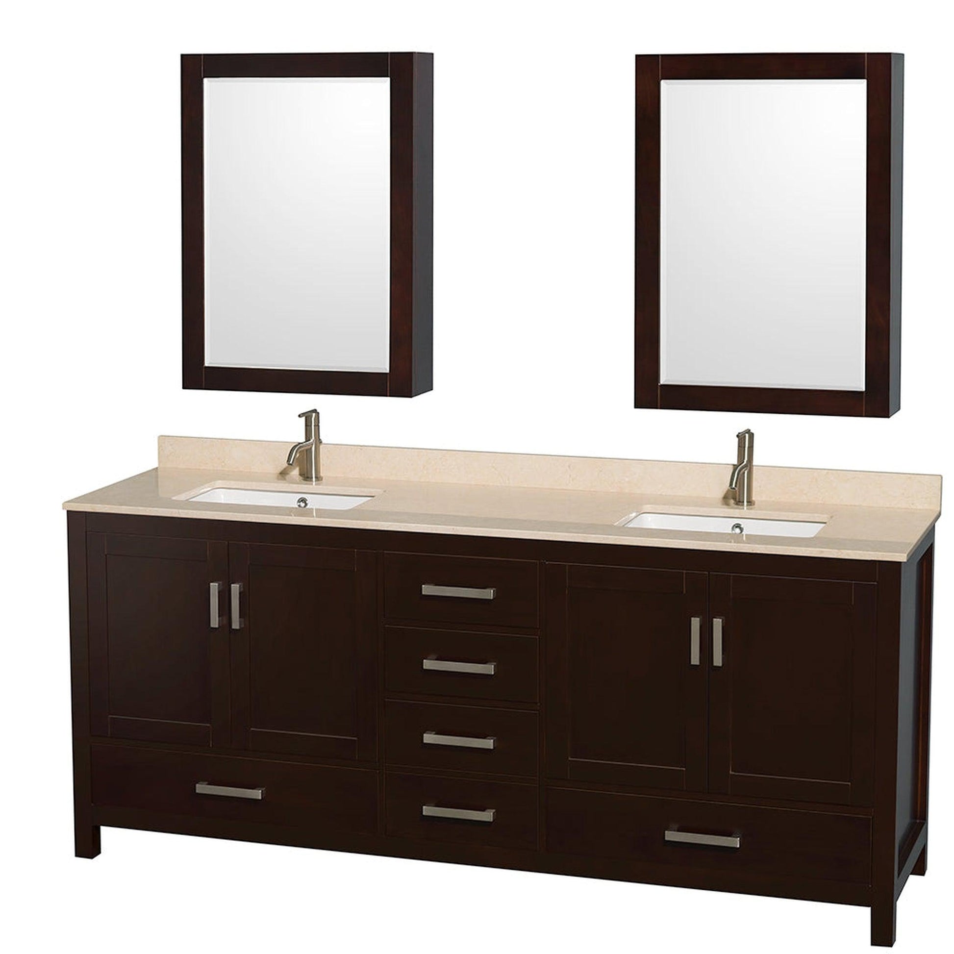 Wyndham Collection Sheffield 80" Double Bathroom Vanity in Espresso, Ivory Marble Countertop, Undermount Square Sinks, and Medicine Cabinet