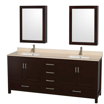 Wyndham Collection Sheffield 80" Double Bathroom Vanity in Espresso, Ivory Marble Countertop, Undermount Square Sinks, and Medicine Cabinet