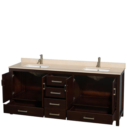 Wyndham Collection Sheffield 80" Double Bathroom Vanity in Espresso, Ivory Marble Countertop, Undermount Square Sinks, and No Mirror