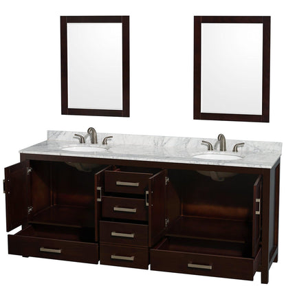 Wyndham Collection Sheffield 80" Double Bathroom Vanity in Espresso, White Carrara Marble Countertop, Undermount Oval Sinks, and 24" Mirror