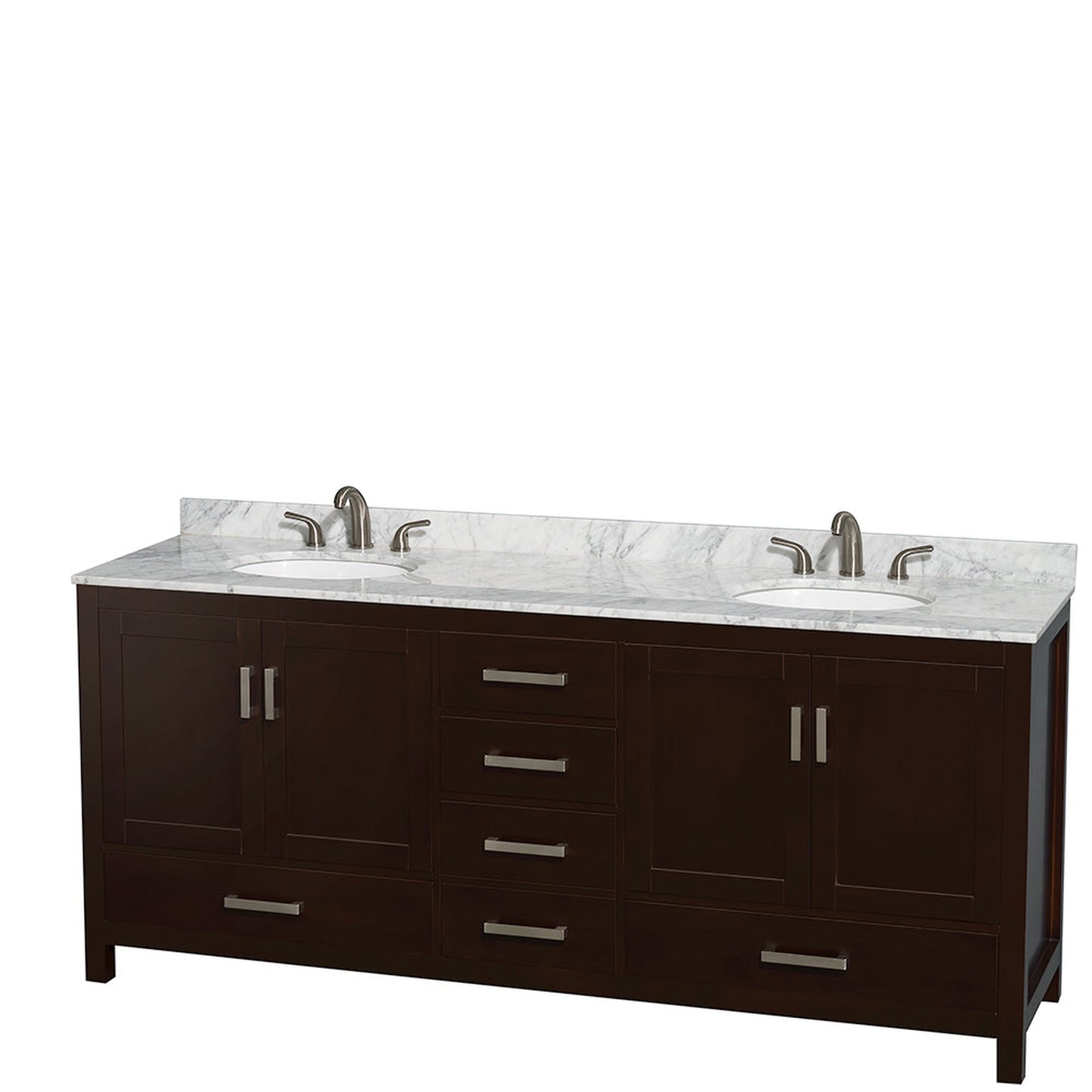 Wyndham Collection Sheffield 80" Double Bathroom Vanity in Espresso, White Carrara Marble Countertop, Undermount Oval Sinks, and 24" Mirror