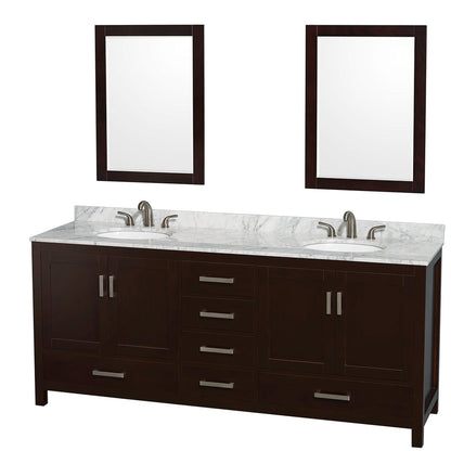 Wyndham Collection Sheffield 80" Double Bathroom Vanity in Espresso, White Carrara Marble Countertop, Undermount Oval Sinks, and 24" Mirror