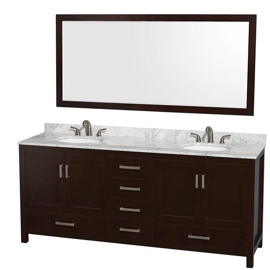 Wyndham Collection Sheffield 80" Double Bathroom Vanity in Espresso, White Carrara Marble Countertop, Undermount Oval Sinks, and 70" Mirror