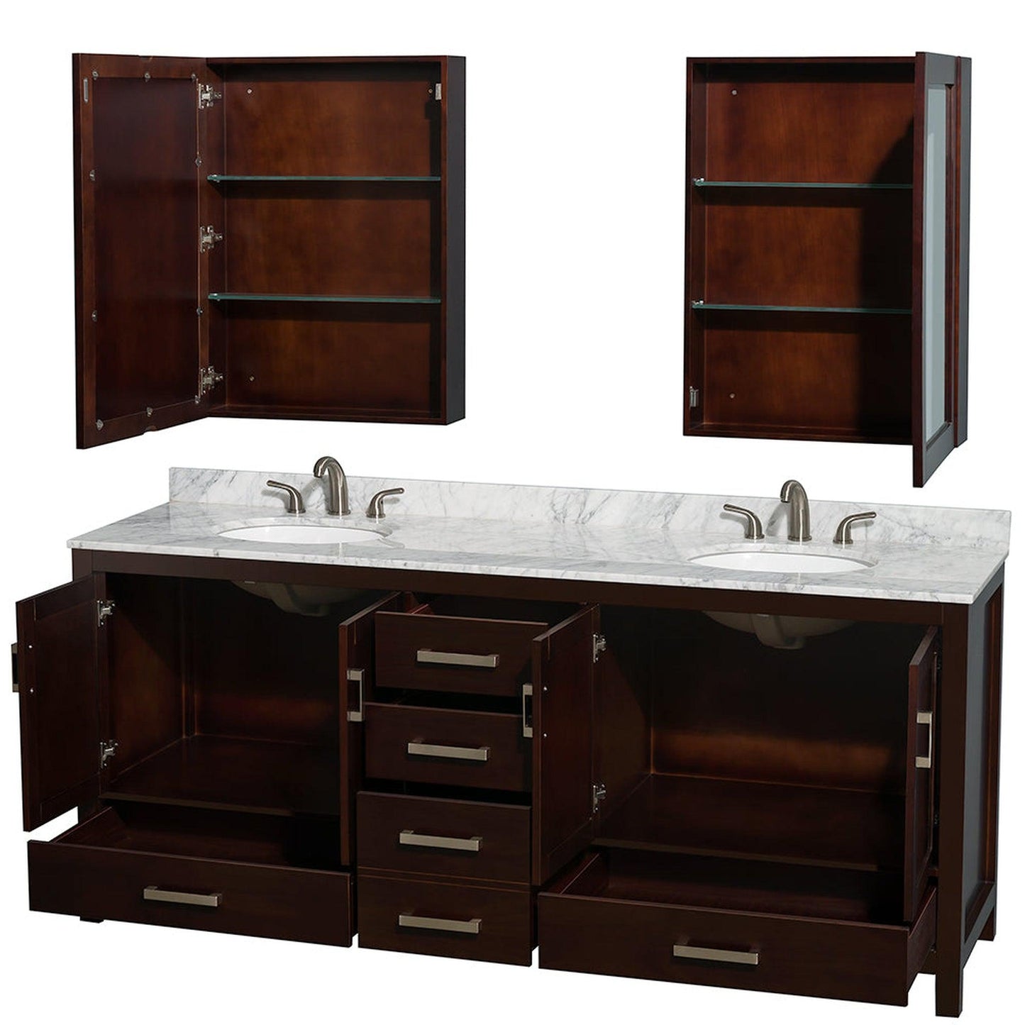 Wyndham Collection Sheffield 80" Double Bathroom Vanity in Espresso, White Carrara Marble Countertop, Undermount Oval Sinks, and Medicine Cabinet