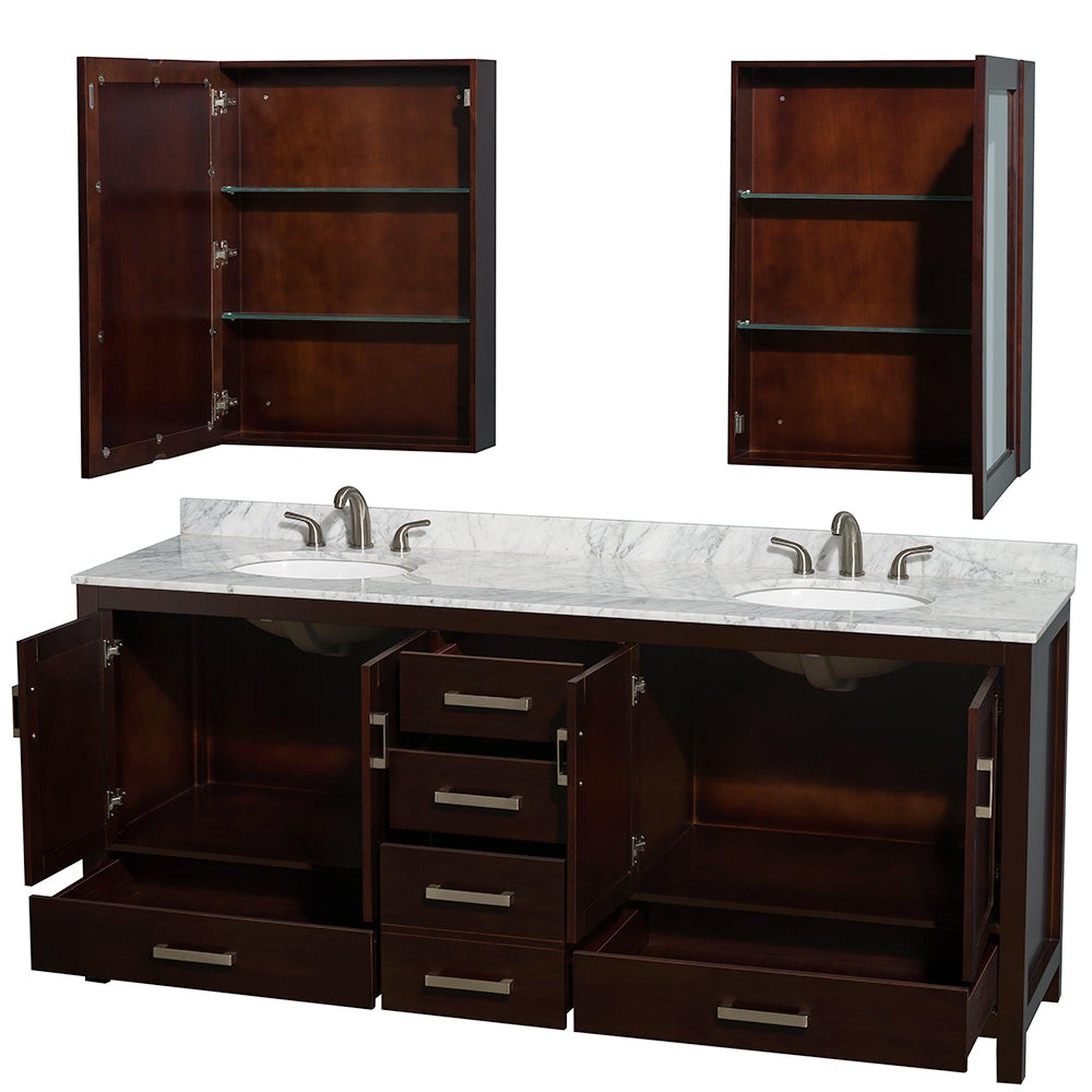 Wyndham Collection Sheffield 80" Double Bathroom Vanity in Espresso, White Carrara Marble Countertop, Undermount Oval Sinks, and Medicine Cabinet