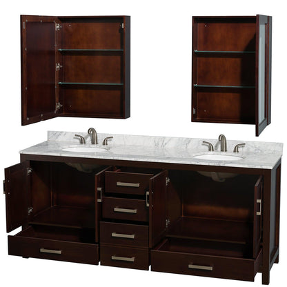 Wyndham Collection Sheffield 80" Double Bathroom Vanity in Espresso, White Carrara Marble Countertop, Undermount Oval Sinks, and Medicine Cabinet