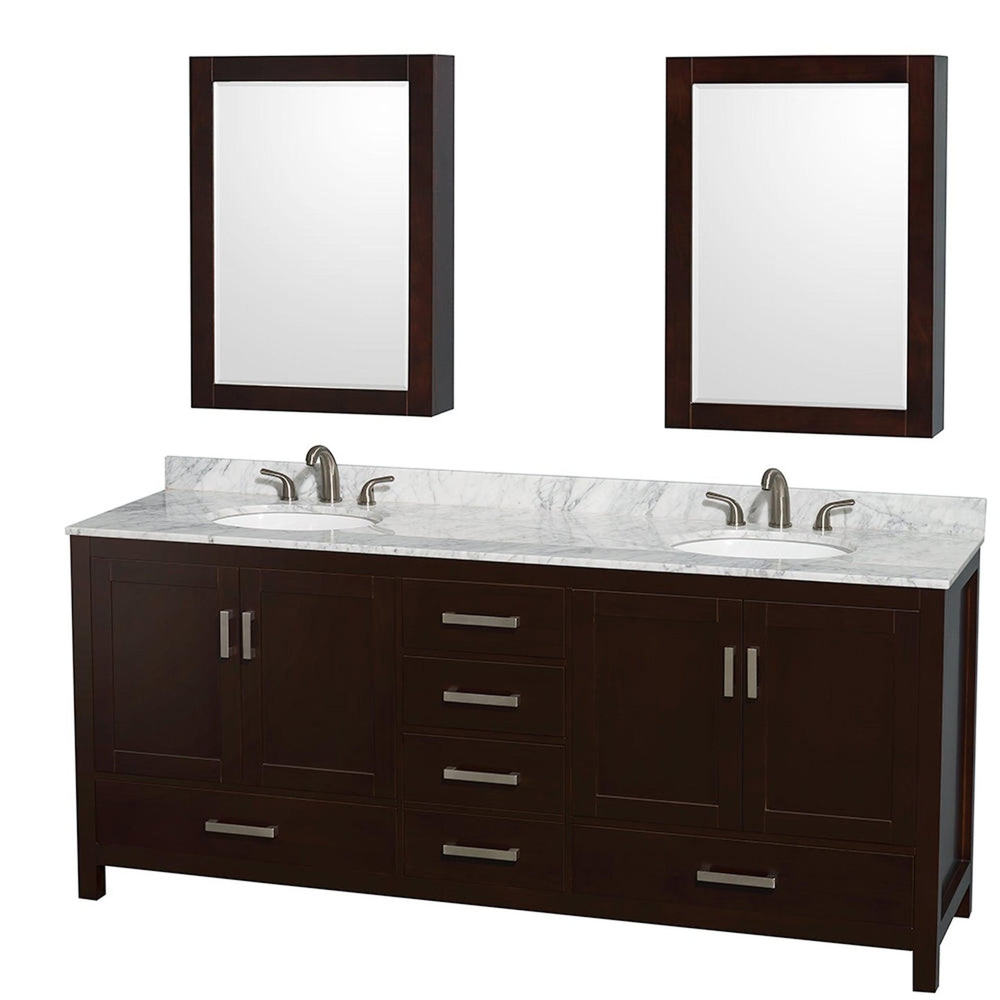 Wyndham Collection Sheffield 80" Double Bathroom Vanity in Espresso, White Carrara Marble Countertop, Undermount Oval Sinks, and Medicine Cabinet