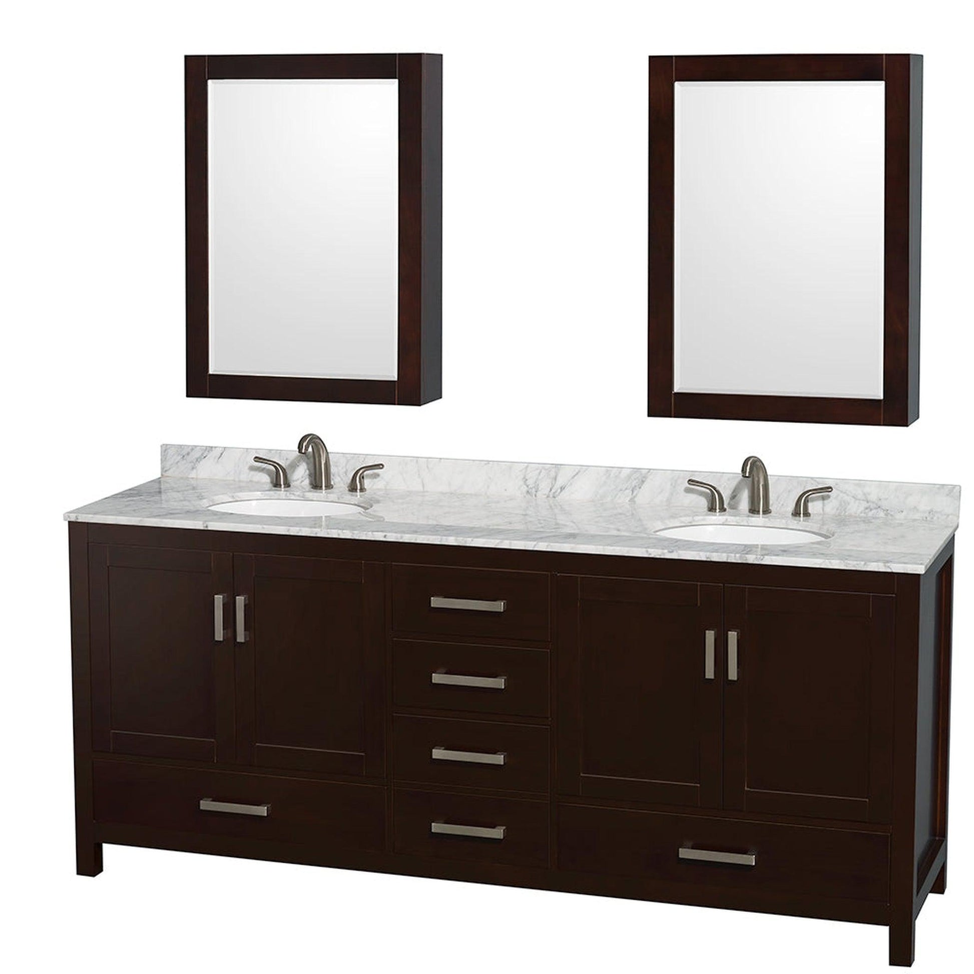 Wyndham Collection Sheffield 80" Double Bathroom Vanity in Espresso, White Carrara Marble Countertop, Undermount Oval Sinks, and Medicine Cabinet