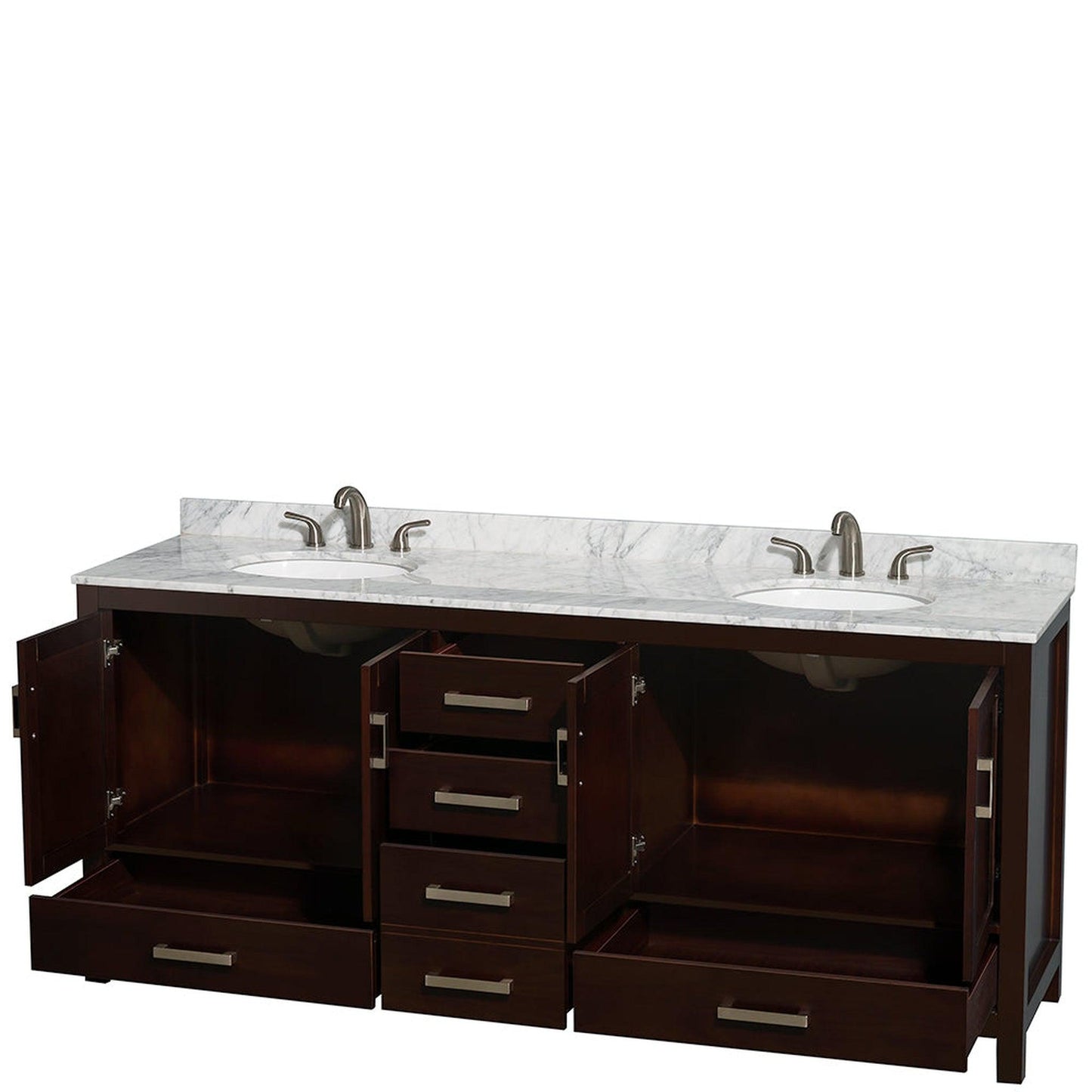 Wyndham Collection Sheffield 80" Double Bathroom Vanity in Espresso, White Carrara Marble Countertop, Undermount Oval Sinks, and No Mirror