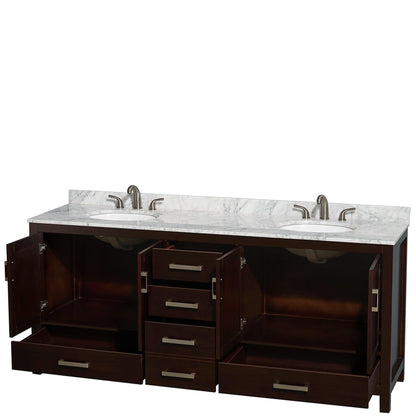 Wyndham Collection Sheffield 80" Double Bathroom Vanity in Espresso, White Carrara Marble Countertop, Undermount Oval Sinks, and No Mirror