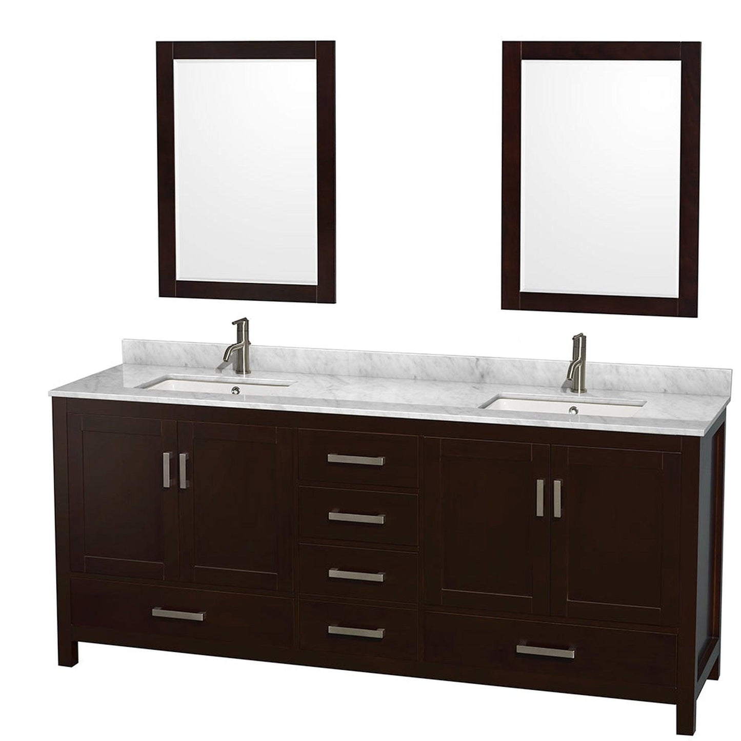 Wyndham Collection Sheffield 80" Double Bathroom Vanity in Espresso, White Carrara Marble Countertop, Undermount Square Sinks, and 24" Mirror