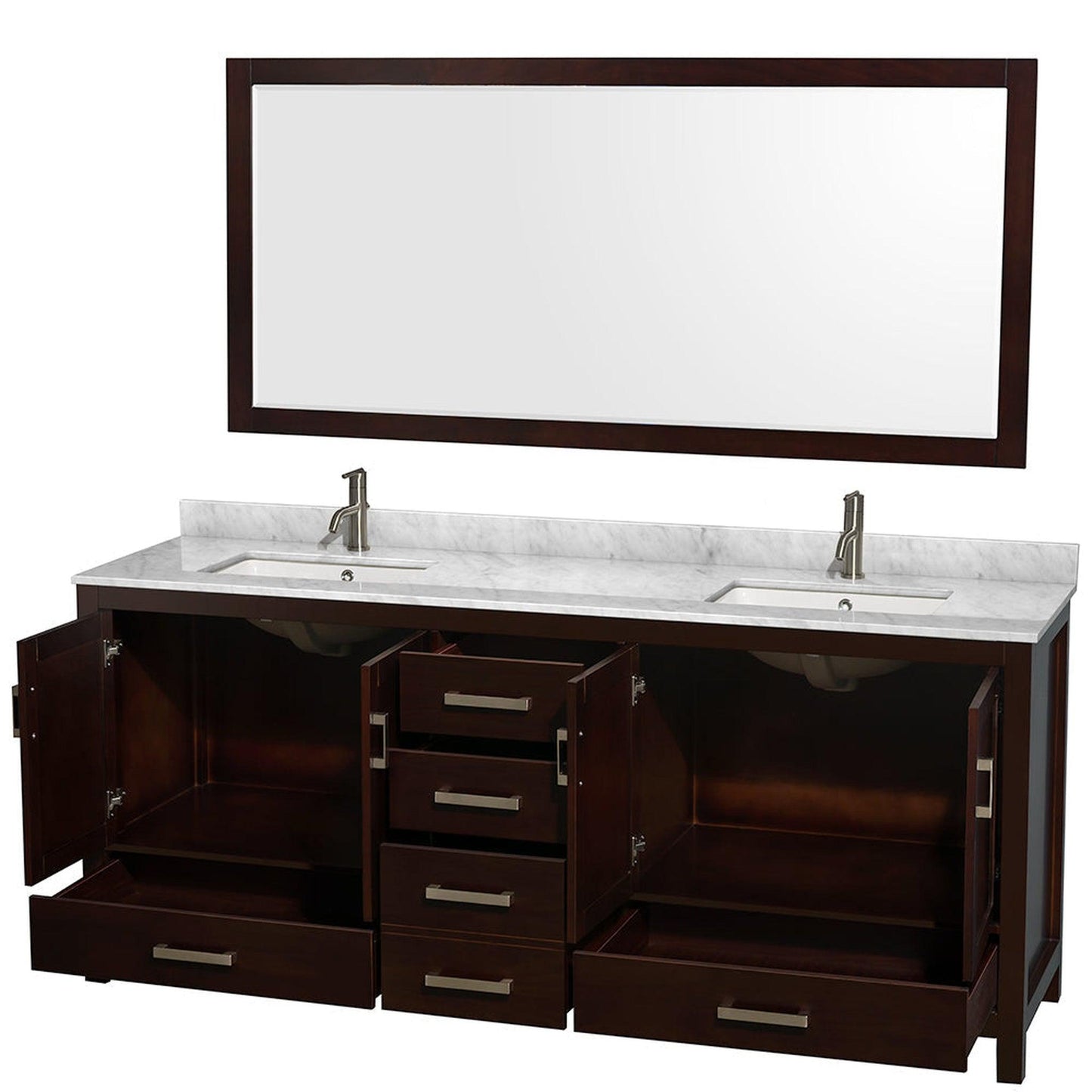 Wyndham Collection Sheffield 80" Double Bathroom Vanity in Espresso, White Carrara Marble Countertop, Undermount Square Sinks, and 70" Mirror