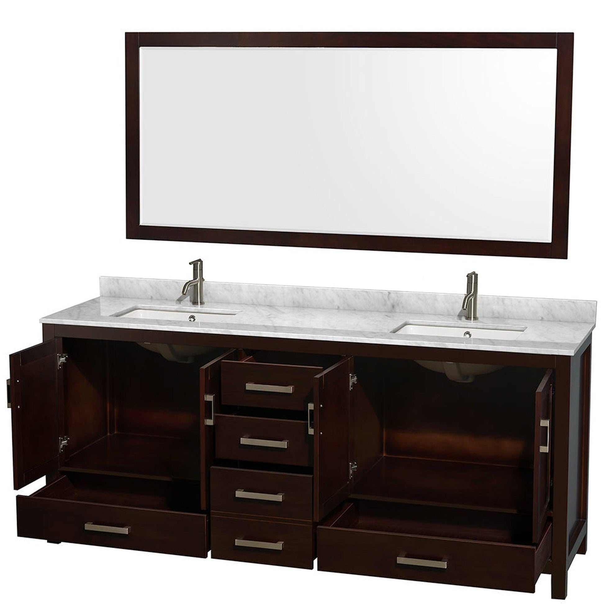 Wyndham Collection Sheffield 80" Double Bathroom Vanity in Espresso, White Carrara Marble Countertop, Undermount Square Sinks, and 70" Mirror