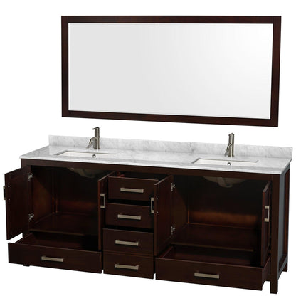 Wyndham Collection Sheffield 80" Double Bathroom Vanity in Espresso, White Carrara Marble Countertop, Undermount Square Sinks, and 70" Mirror