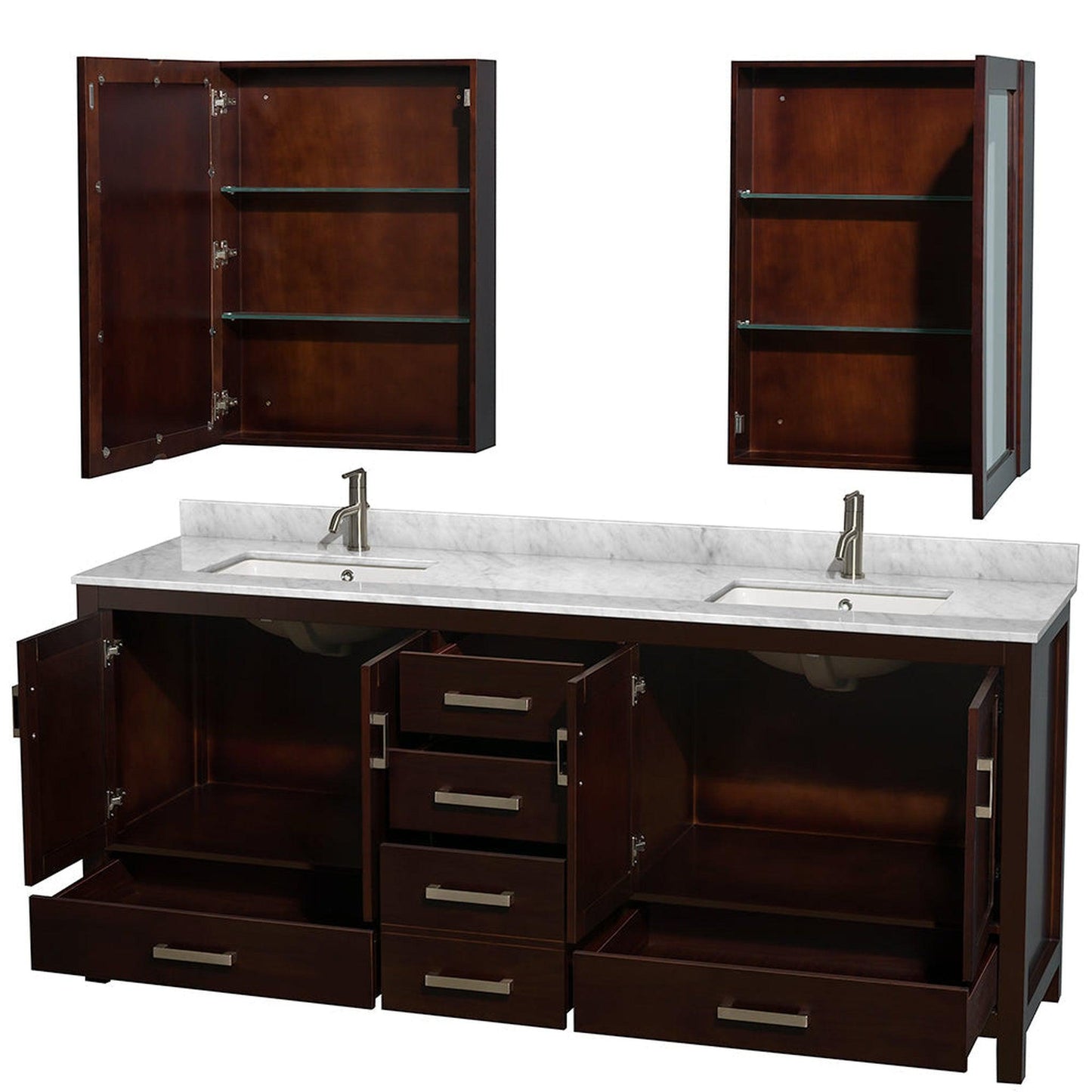 Wyndham Collection Sheffield 80" Double Bathroom Vanity in Espresso, White Carrara Marble Countertop, Undermount Square Sinks, and Medicine Cabinet