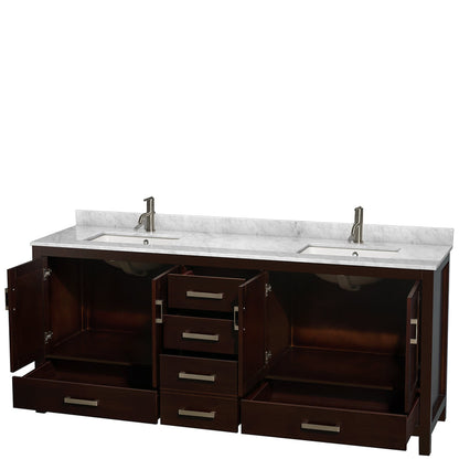 Wyndham Collection Sheffield 80" Double Bathroom Vanity in Espresso, White Carrara Marble Countertop, Undermount Square Sinks, and No Mirror