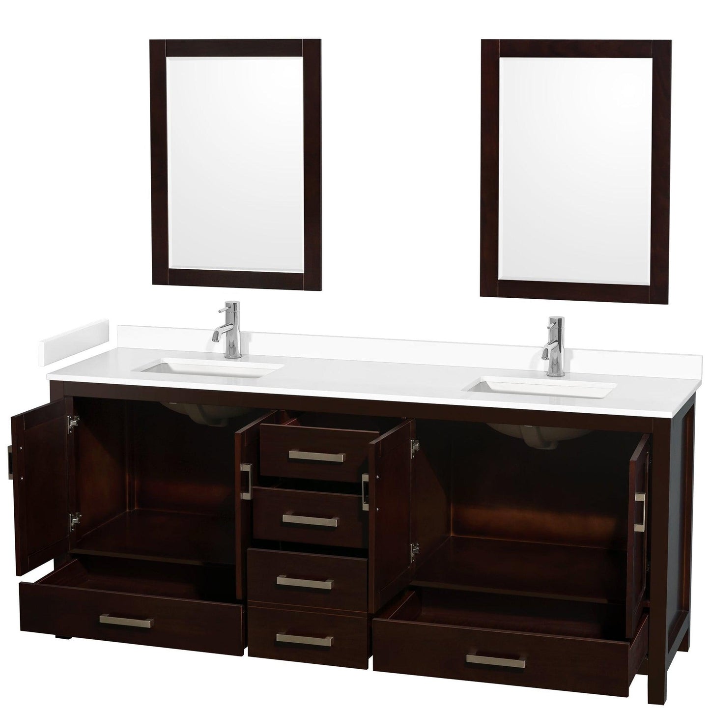 Wyndham Collection Sheffield 80" Double Bathroom Vanity in Espresso, White Cultured Marble Countertop, Undermount Square Sinks, 24" Mirror