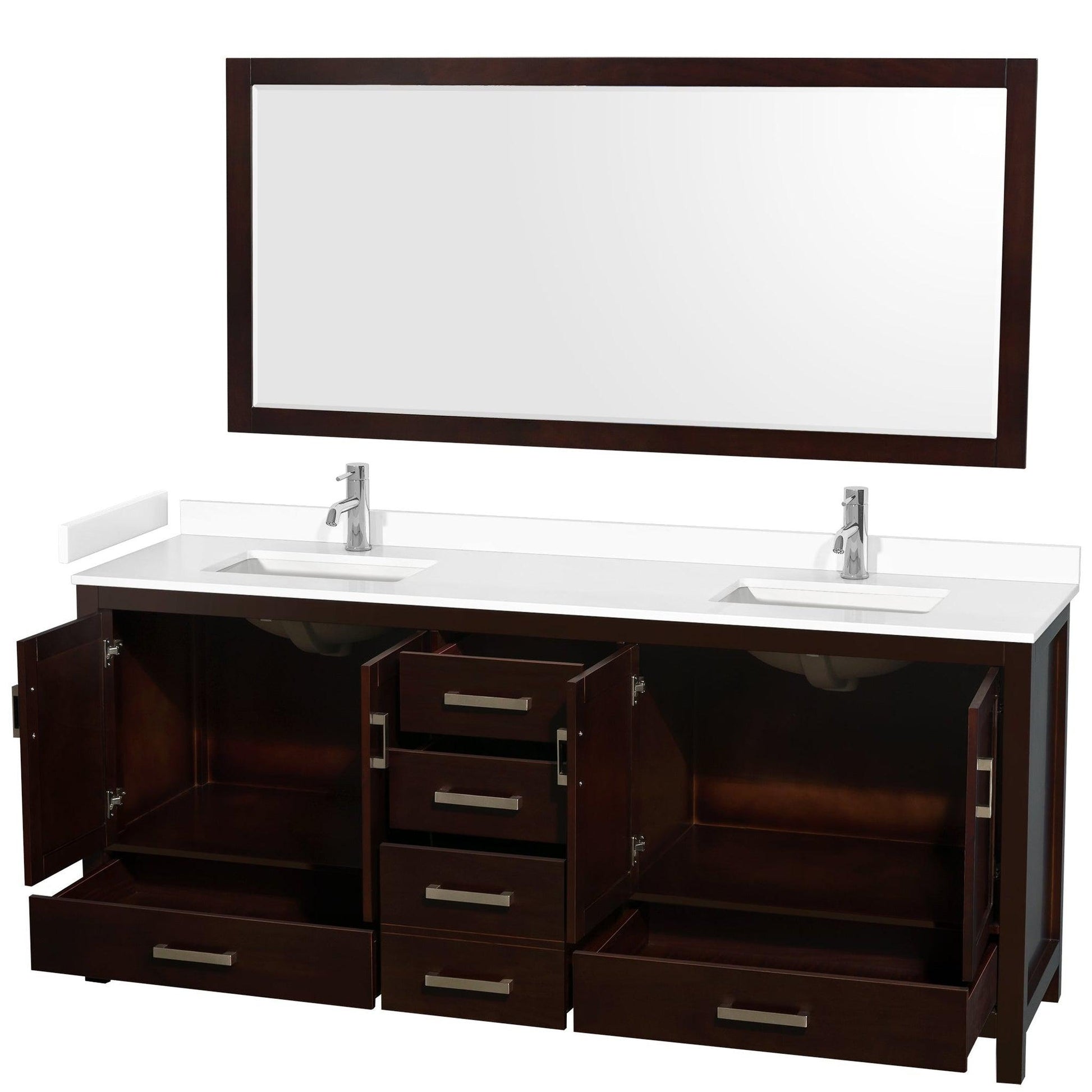 Wyndham Collection Sheffield 80" Double Bathroom Vanity in Espresso, White Cultured Marble Countertop, Undermount Square Sinks, 70" Mirror