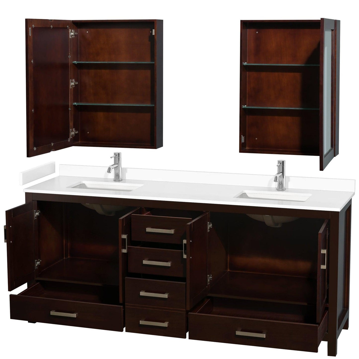 Wyndham Collection Sheffield 80" Double Bathroom Vanity in Espresso, White Cultured Marble Countertop, Undermount Square Sinks, Medicine Cabinet