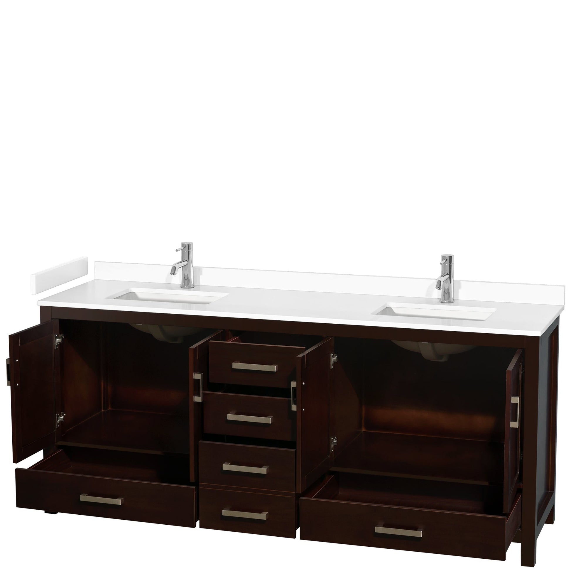 Wyndham Collection Sheffield 80" Double Bathroom Vanity in Espresso, White Cultured Marble Countertop, Undermount Square Sinks, No Mirror