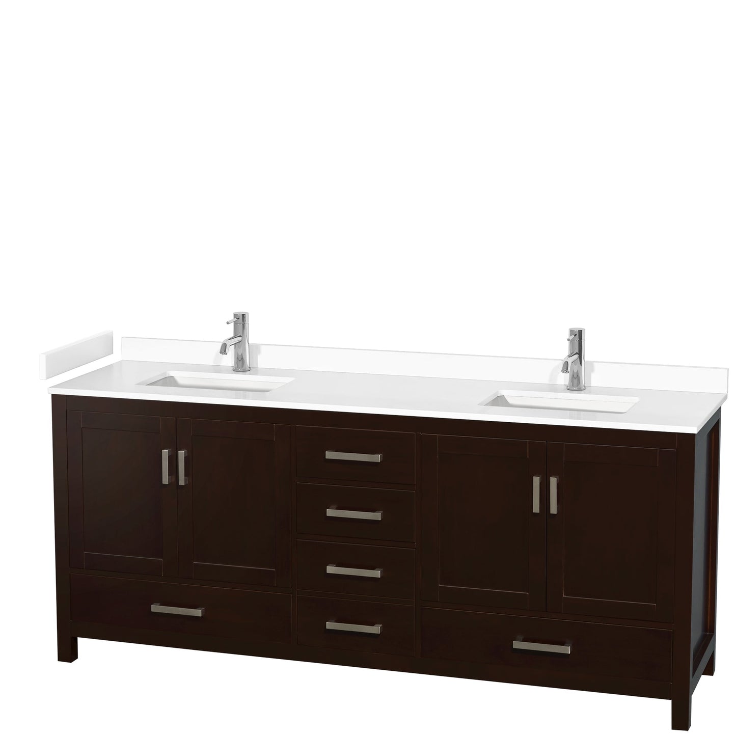 Wyndham Collection Sheffield 80" Double Bathroom Vanity in Espresso, White Cultured Marble Countertop, Undermount Square Sinks, No Mirror