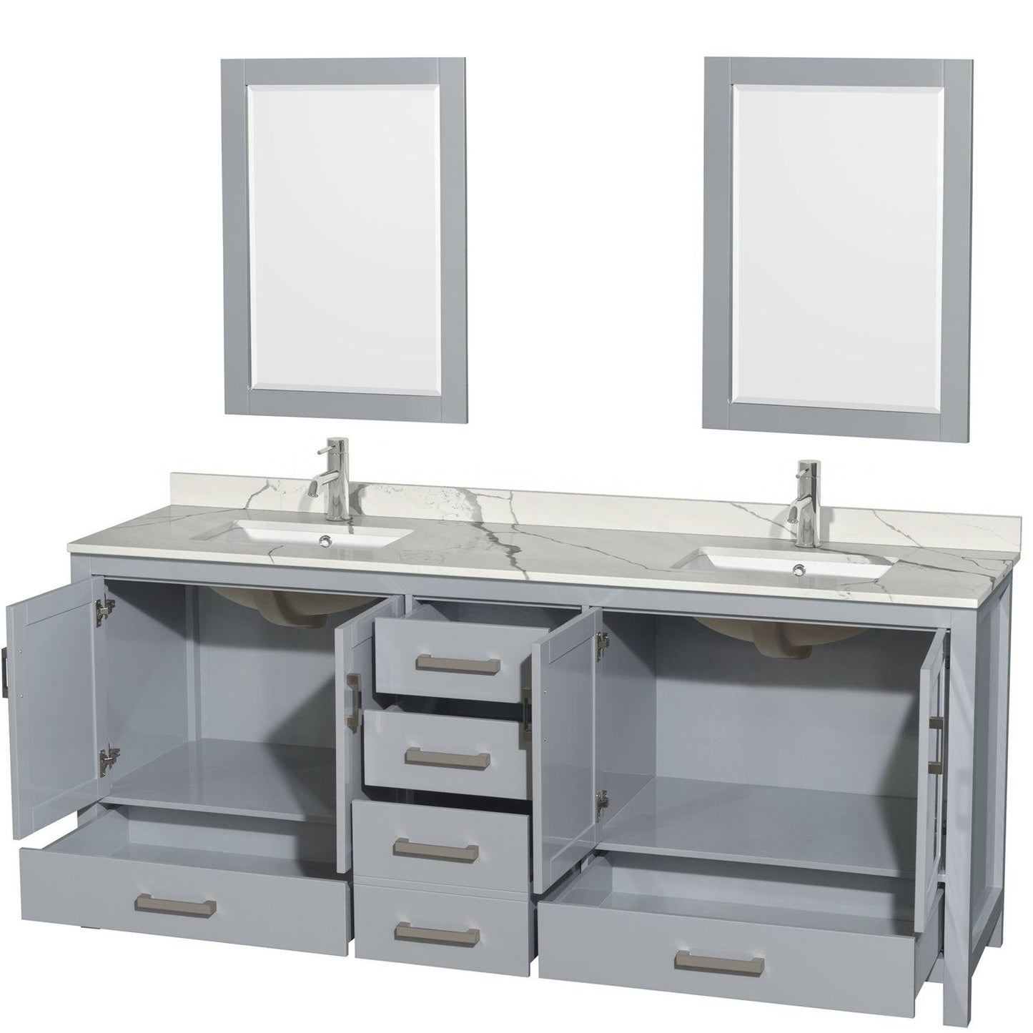 Wyndham Collection Sheffield 80" Double Bathroom Vanity in Gray, Calacatta Quartz Countertop, Undermount Square Sinks, 24" Mirror