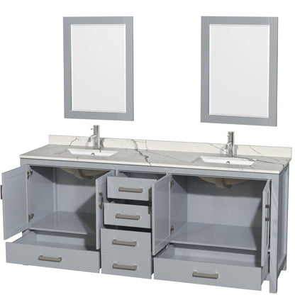 Wyndham Collection Sheffield 80" Double Bathroom Vanity in Gray, Calacatta Quartz Countertop, Undermount Square Sinks, 24" Mirror