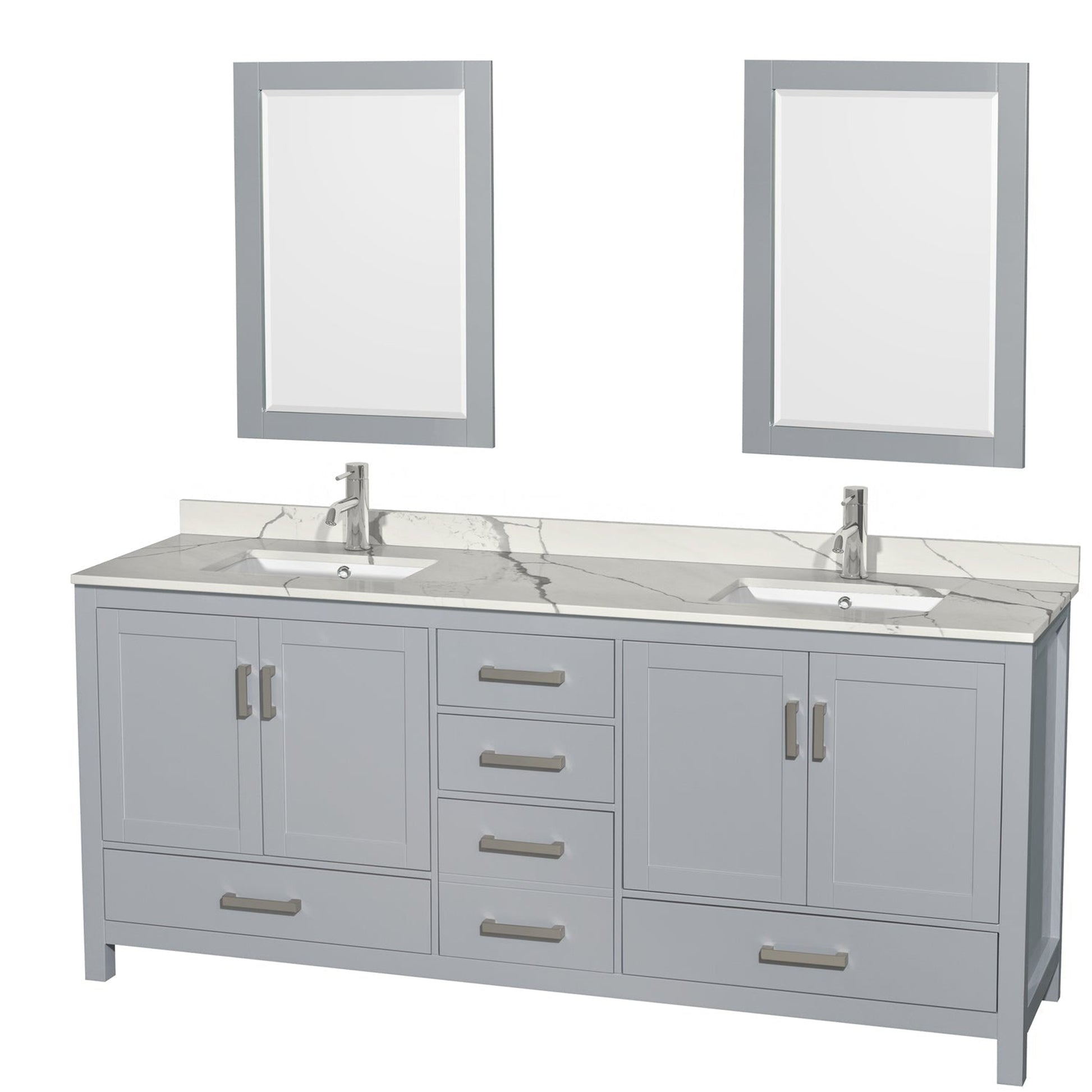 Wyndham Collection Sheffield 80" Double Bathroom Vanity in Gray, Calacatta Quartz Countertop, Undermount Square Sinks, 24" Mirror