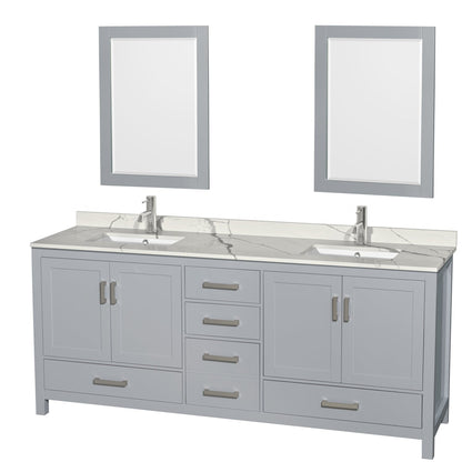 Wyndham Collection Sheffield 80" Double Bathroom Vanity in Gray, Calacatta Quartz Countertop, Undermount Square Sinks, 24" Mirror
