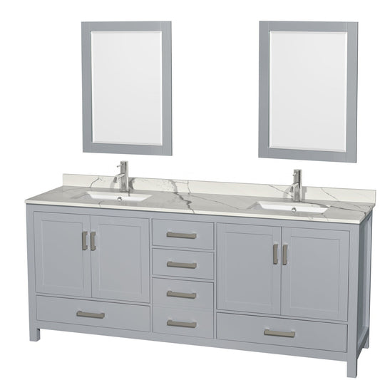 Wyndham Collection Sheffield 80" Double Bathroom Vanity in Gray, Calacatta Quartz Countertop, Undermount Square Sinks, 24" Mirror