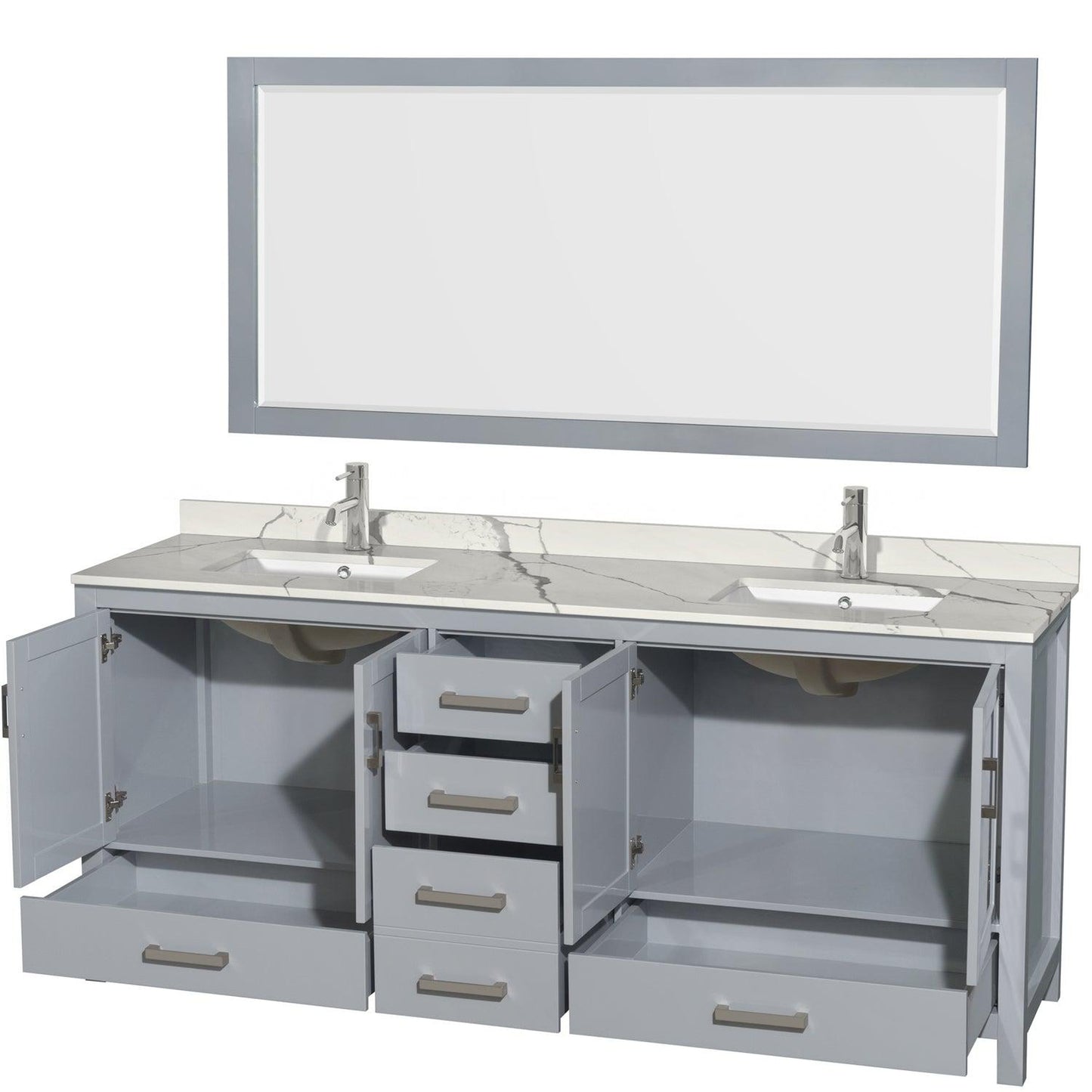 Wyndham Collection Sheffield 80" Double Bathroom Vanity in Gray, Calacatta Quartz Countertop, Undermount Square Sinks, 70" Mirror